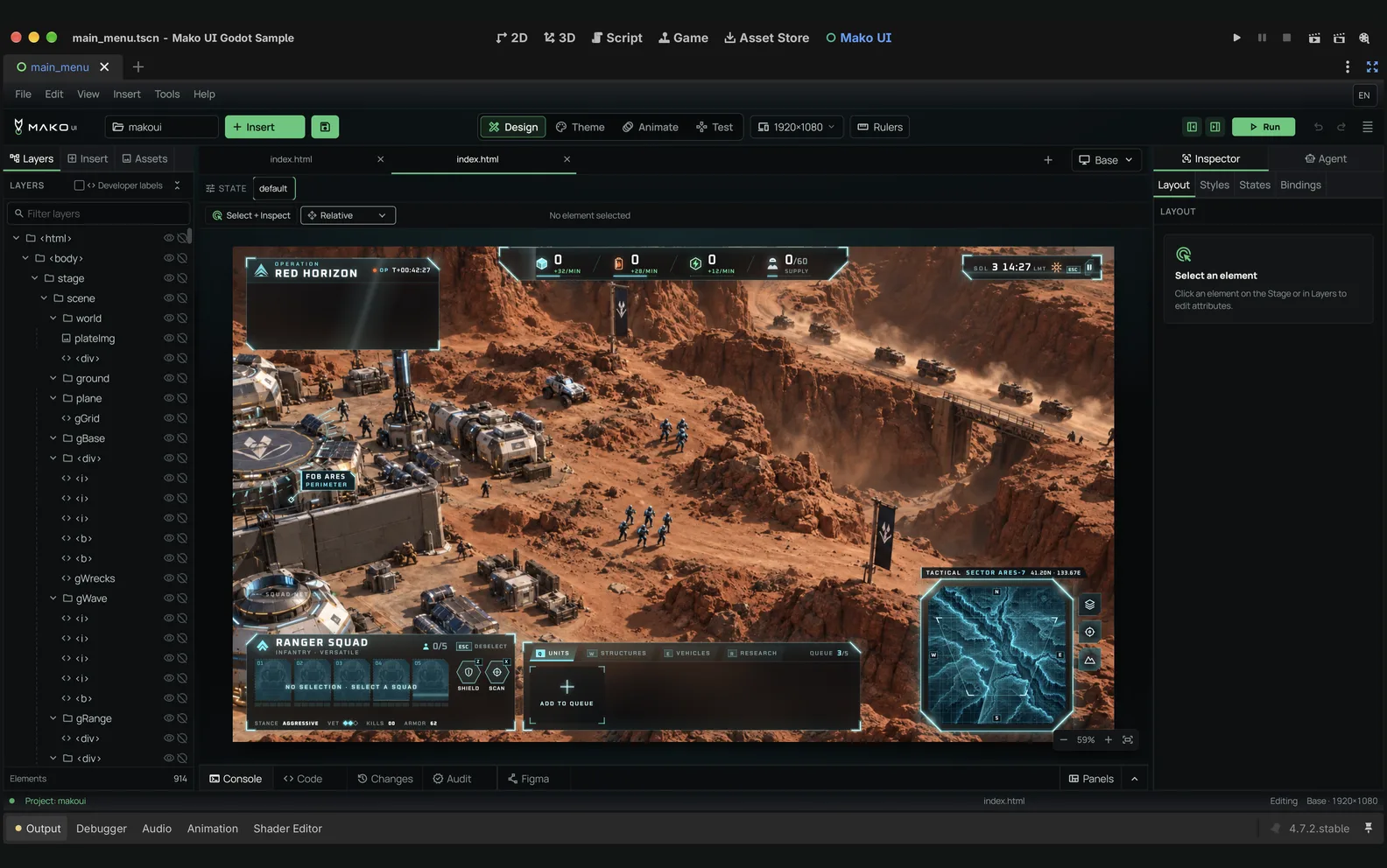 Mako UI Studio in the Godot editor, editing the Holo Command HUD over its scene.